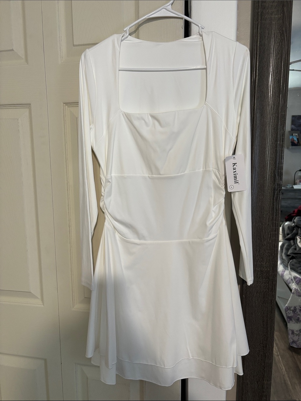 White Long-Sleeve Square-Neck Swing Dress